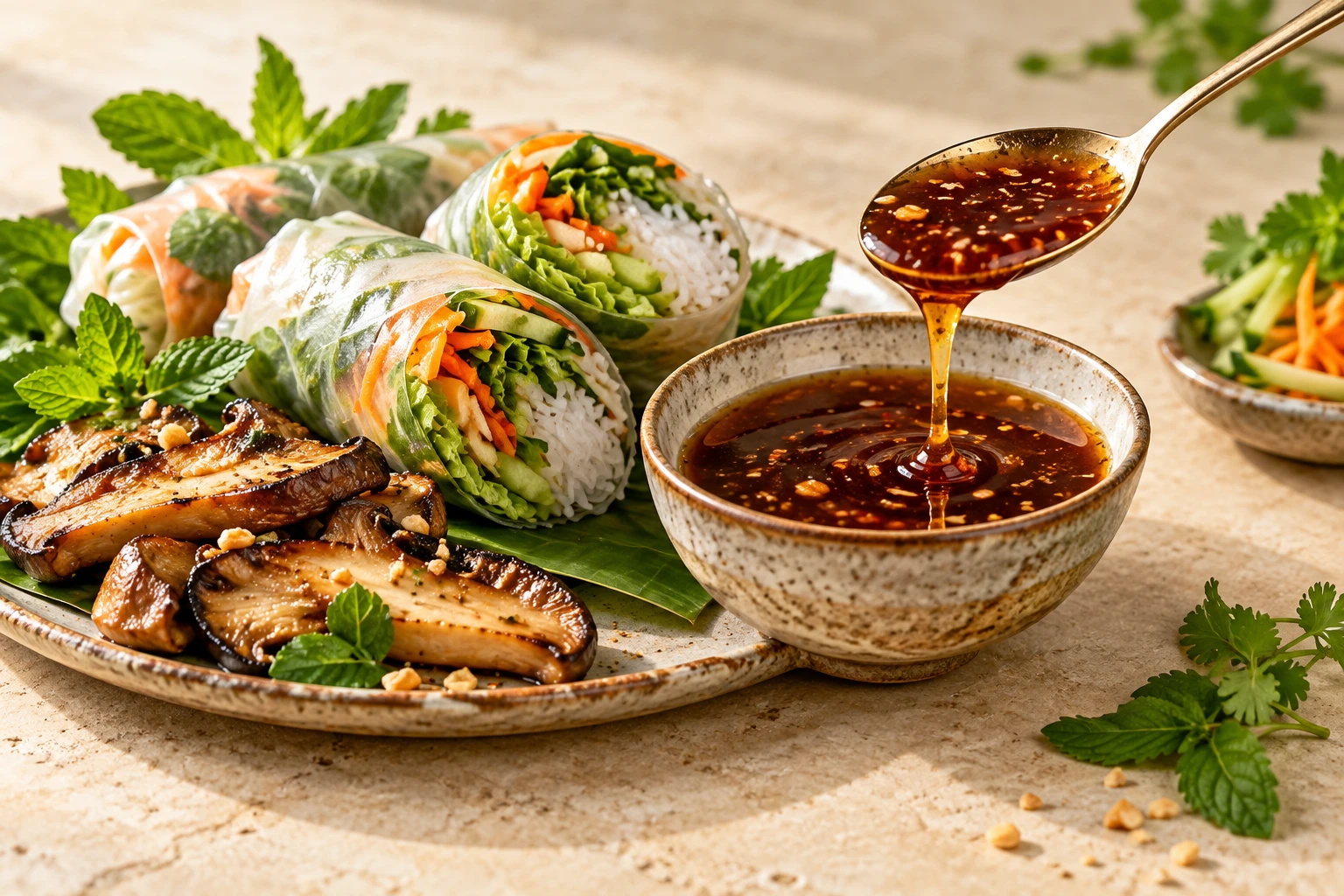 Palmyra umami sauce served with vegetables and mushrooms